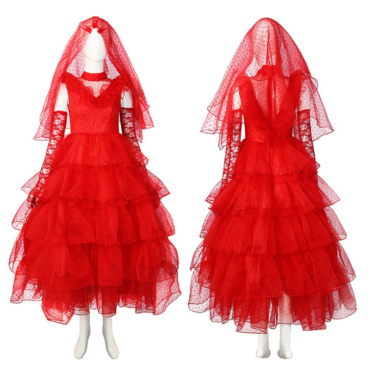 Halloween Beetle Juice Lydia Red Wedding Dress Cosplay Costume Suit
